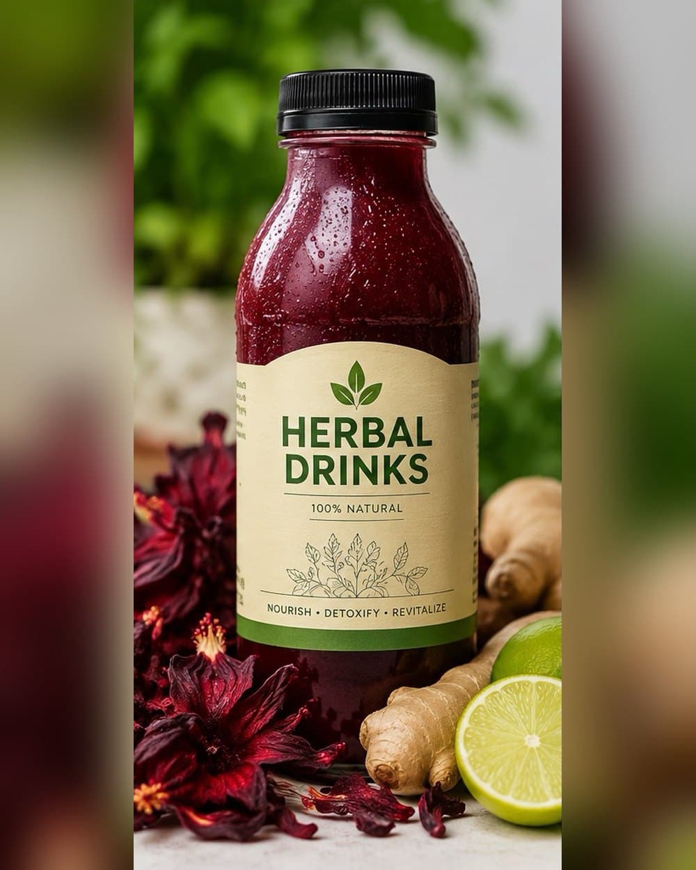 Bottle of Hibiscus Calm beside dried hibiscus flowers, ginger root and a lime half